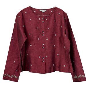 Vtg Karavan Embroidered Floral Buttoned Lightweight Jacket Top Maroon Red Size L